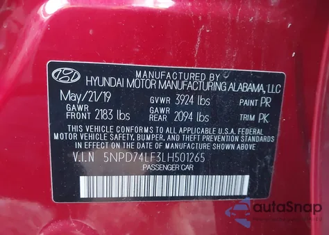 2020 Hyundai Elantra Se z USA, uszkodzony, nr VIN 5NPD74LF3LH501265